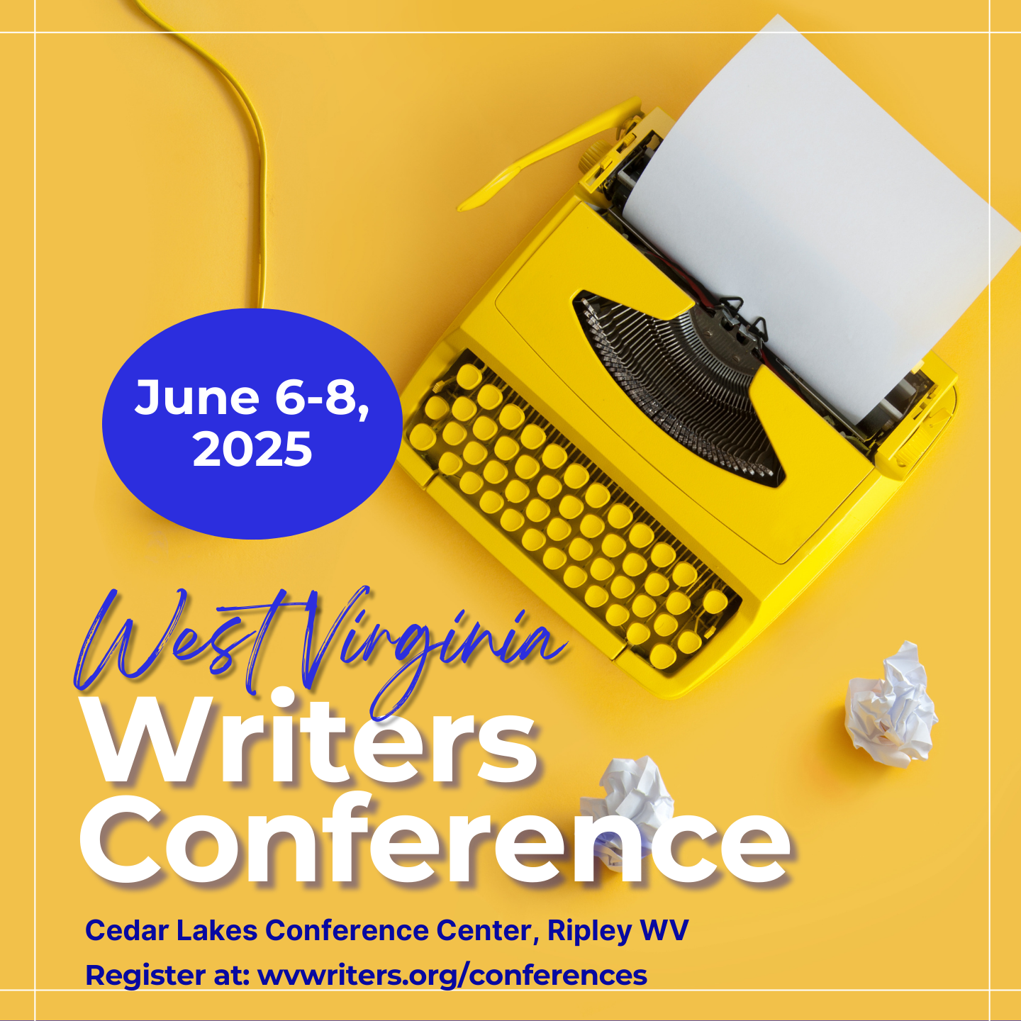blue and gold ad with yellow typewriter